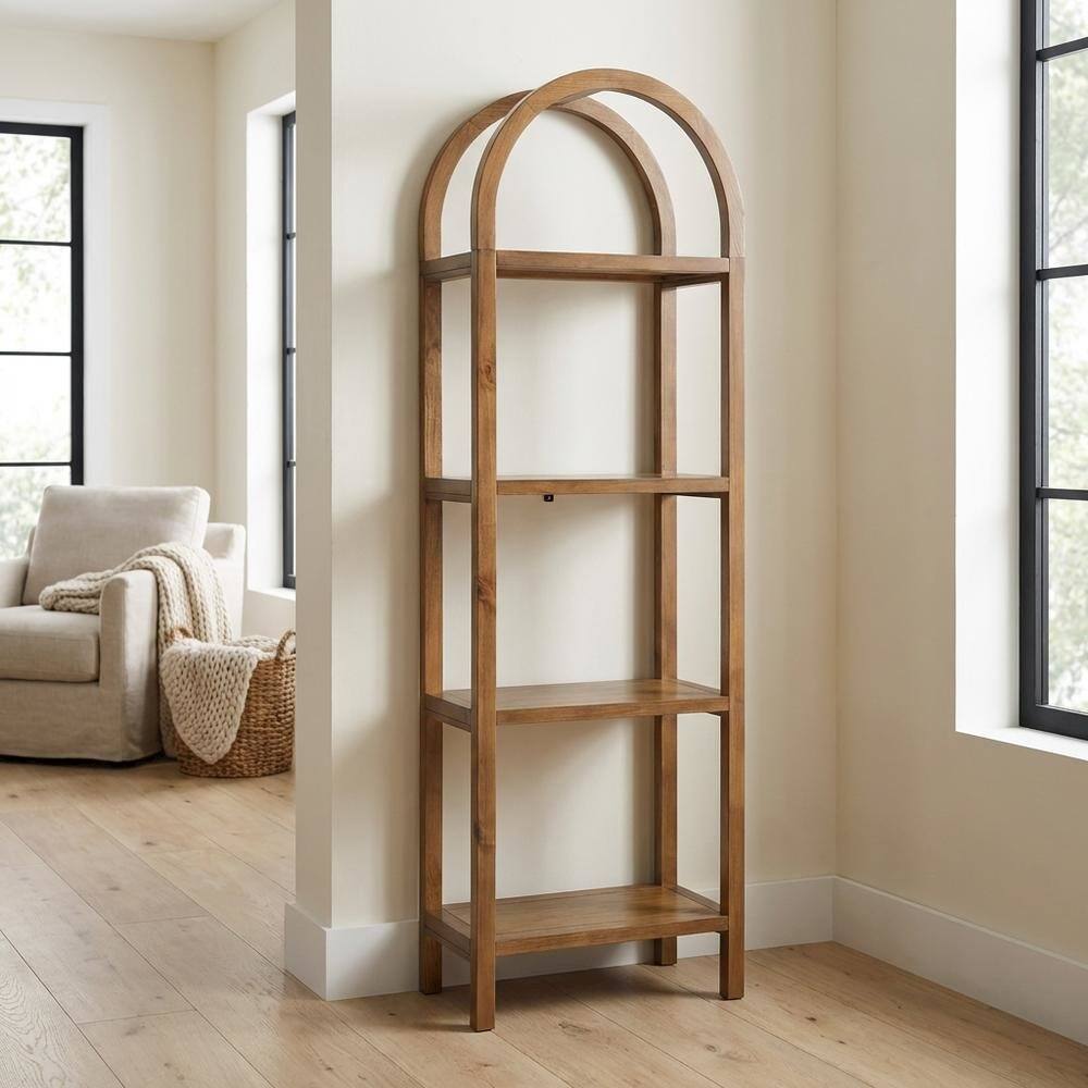 Left. FurniFact - Tall brown arched bookshelf with engineered wood frame for stylish storage - Brown.