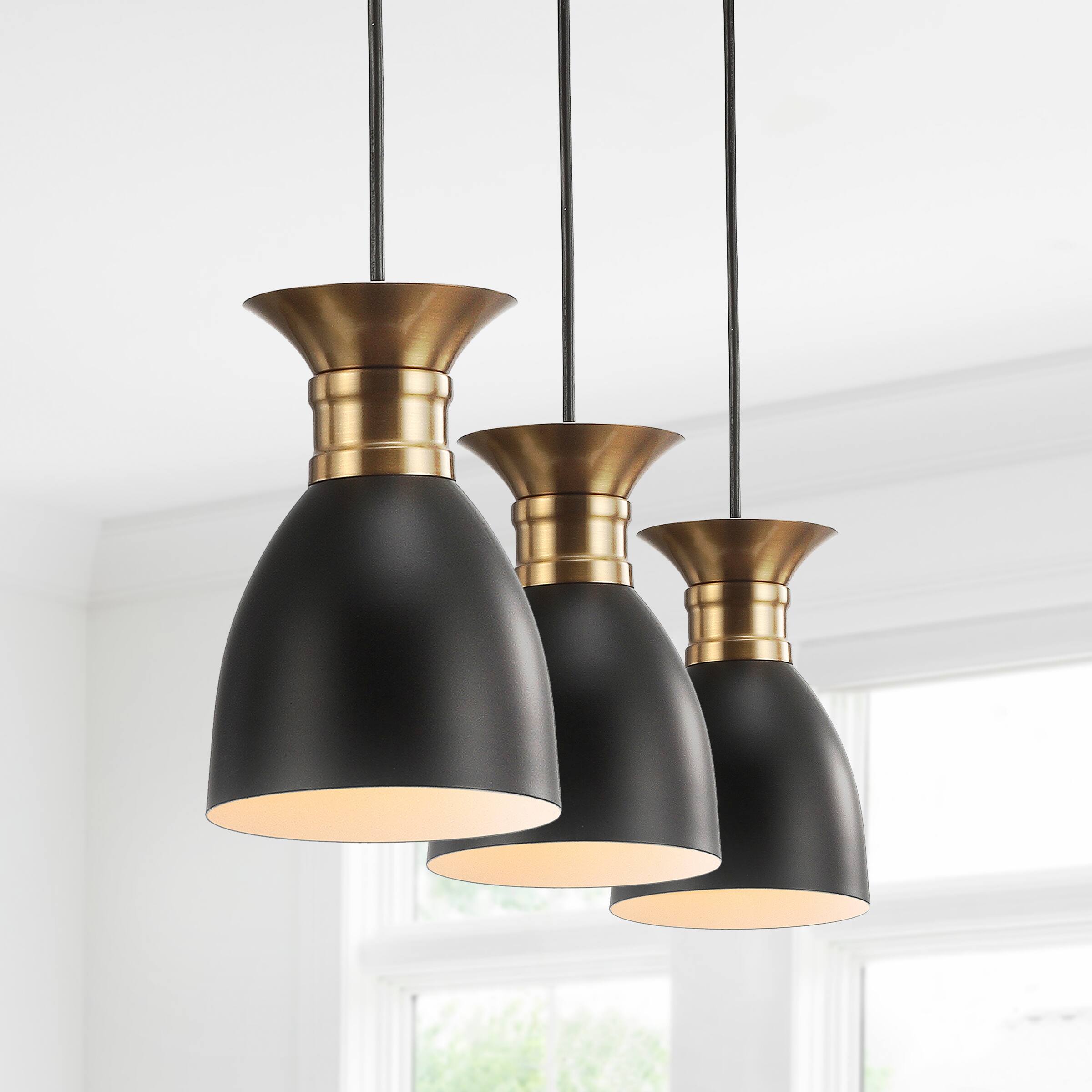 Alt View 1. Jonathan Y - Edison 33.25" Linear 3-Light Metal Linear LED Pendant, Black/Brass Gold - Black/Brass Gold.
