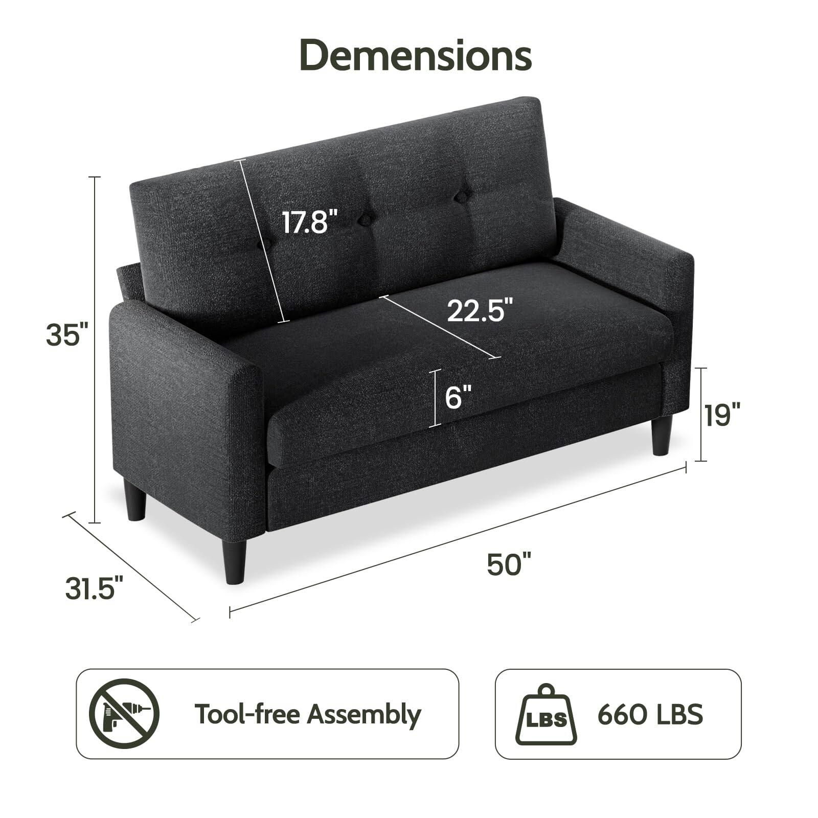 Dimensions:  
- Height: 35"  
- Width: 50"  
- Depth: 31.5"  
- Seat Height: 19"  
- Back Height: 17.8"  
- Seat Depth: 22.5"  
- Armrest Height: 6"  

Tool-free Assembly  
Weight Capacity: 660 LBS