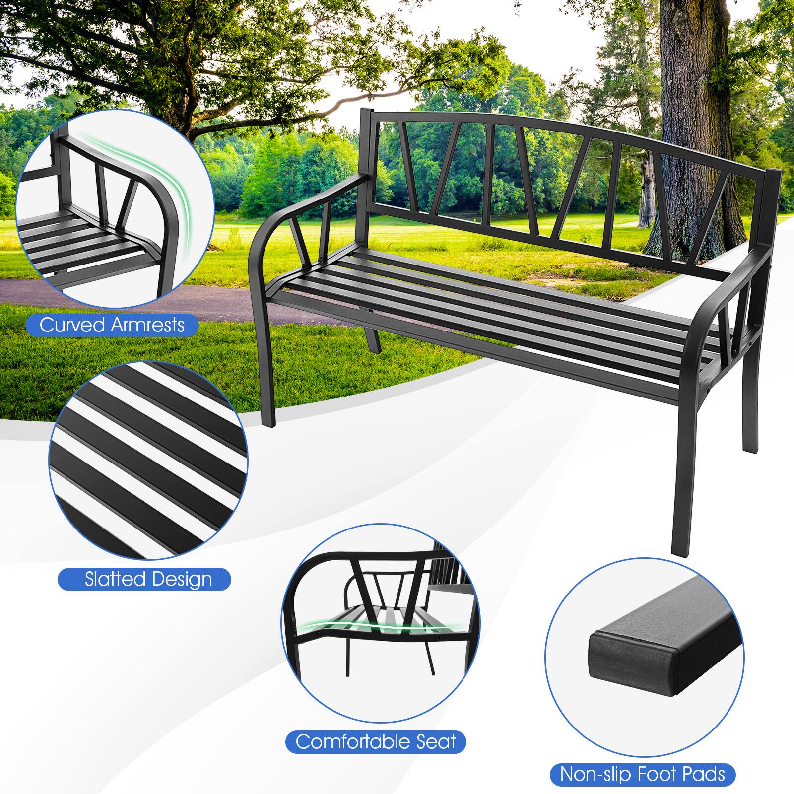 - Curved Armrests
- Slatted Design
- Comfortable Seat
- Non-slip Foot Pads