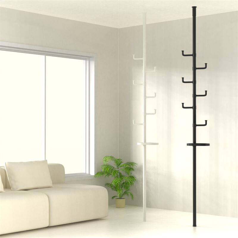 Alt View 2. ALEXOUN - Adjustable Laundry Pole Drying Coat Rack - DIY Floor-to-Ceiling Tension Rod with Trays, Indoor/Balcony Coat & Storage - Black.