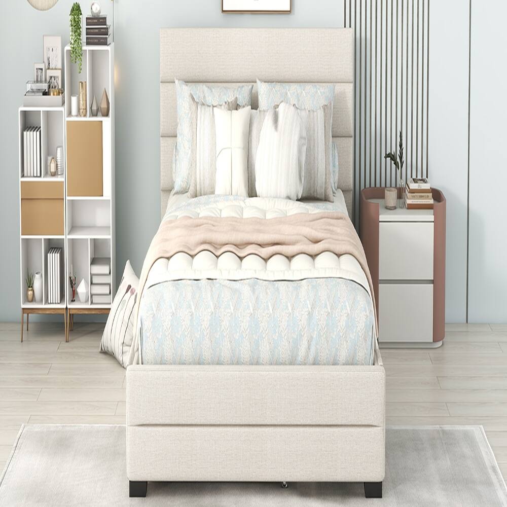 Alt View 2. Loheer - Loheer Queen Upholstered Platform Bed with Twin Trundle and 2 Storage Drawers, Beige Linen Bed Frame - Beige.