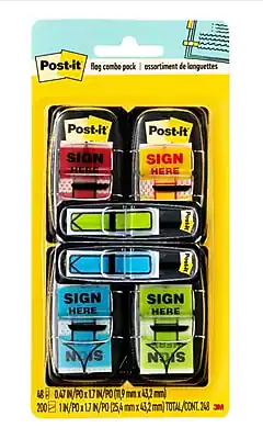 Post-it
flag combo pack | assortment of long strips
Post-it
SIGN HERE
Post-it
SIGN HERE
Post-it
SIGN HERE
Post-it
SIGN HERE
0.47 IN/PO x 17 IN/PO (1.9 mm x 43.2 mm)
200 1 IN/PO x 17 IN/PO (25.4 mm x 43.2 mm)
TOTAL/CONT. 248
3M