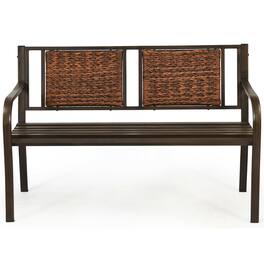 Gymax - Garden Bench Loveseat Park Patio Yard Outdoor w/ Rattan Back Steel Frame - Bronze