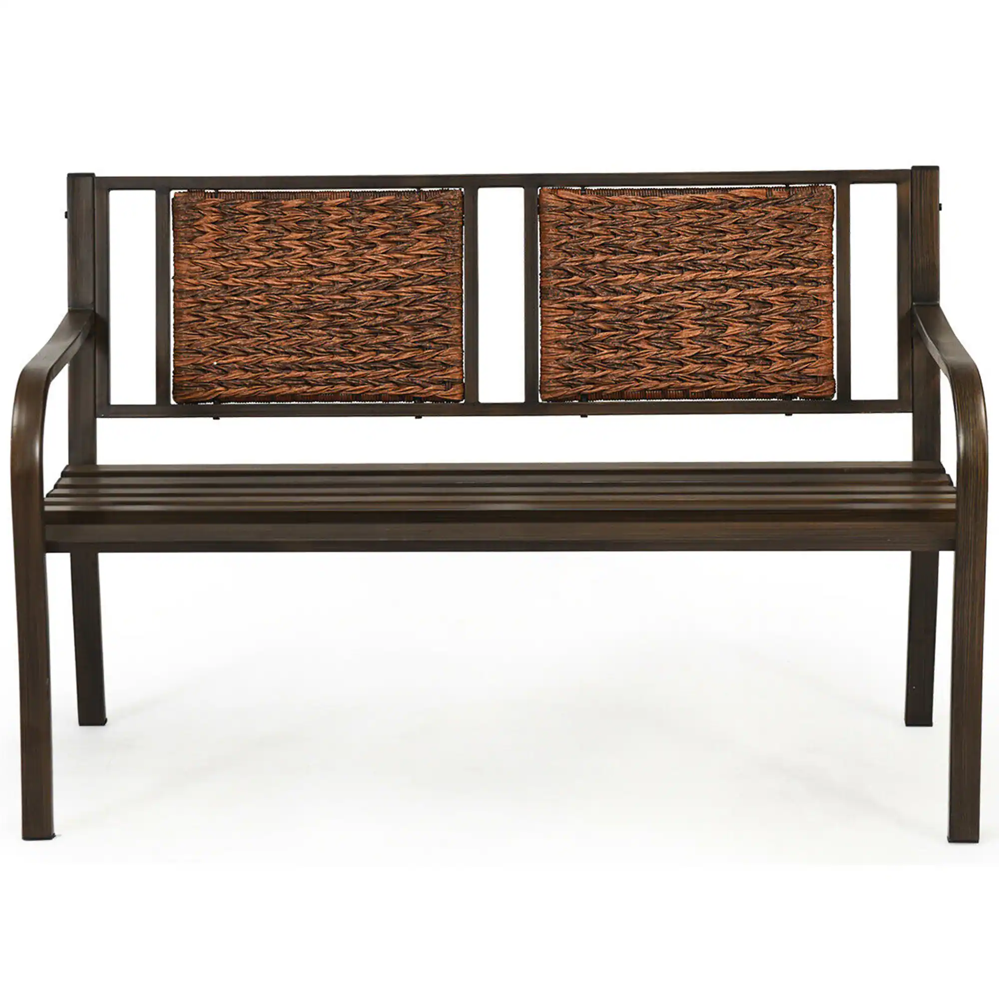 Front. Gymax - Gymax Garden Bench Loveseat Park Patio Yard Outdoor w/ Rattan Back Steel Frame - Bronze.