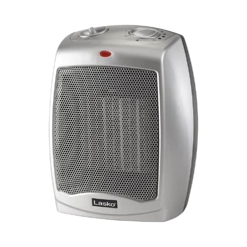 Lasko - Desktop Ceramic Space Heater with Adjustable Thermostat, 2 Heat Settings, Fan Mode, Compact 9.2", Silver
