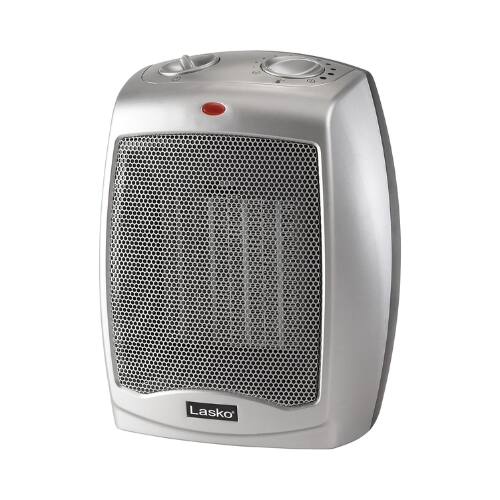 Front. Lasko - Lasko Desktop Ceramic Space Heater with Adjustable Thermostat, 2 Heat Settings, Fan Mode, Compact 9.2", Silver.