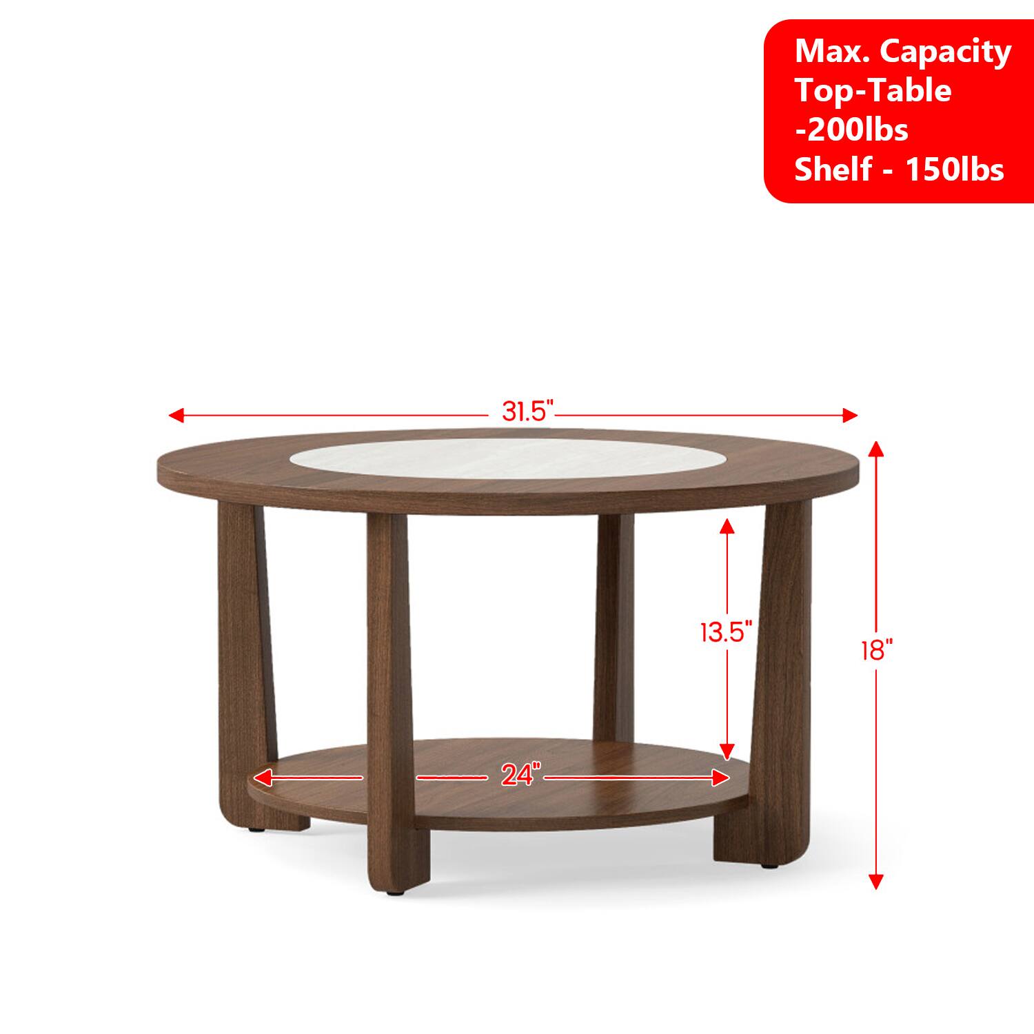 Max. Capacity  
Top-Table - 200lbs  
Shelf - 150lbs  

31.5"  
13.5"  
18"  
24"