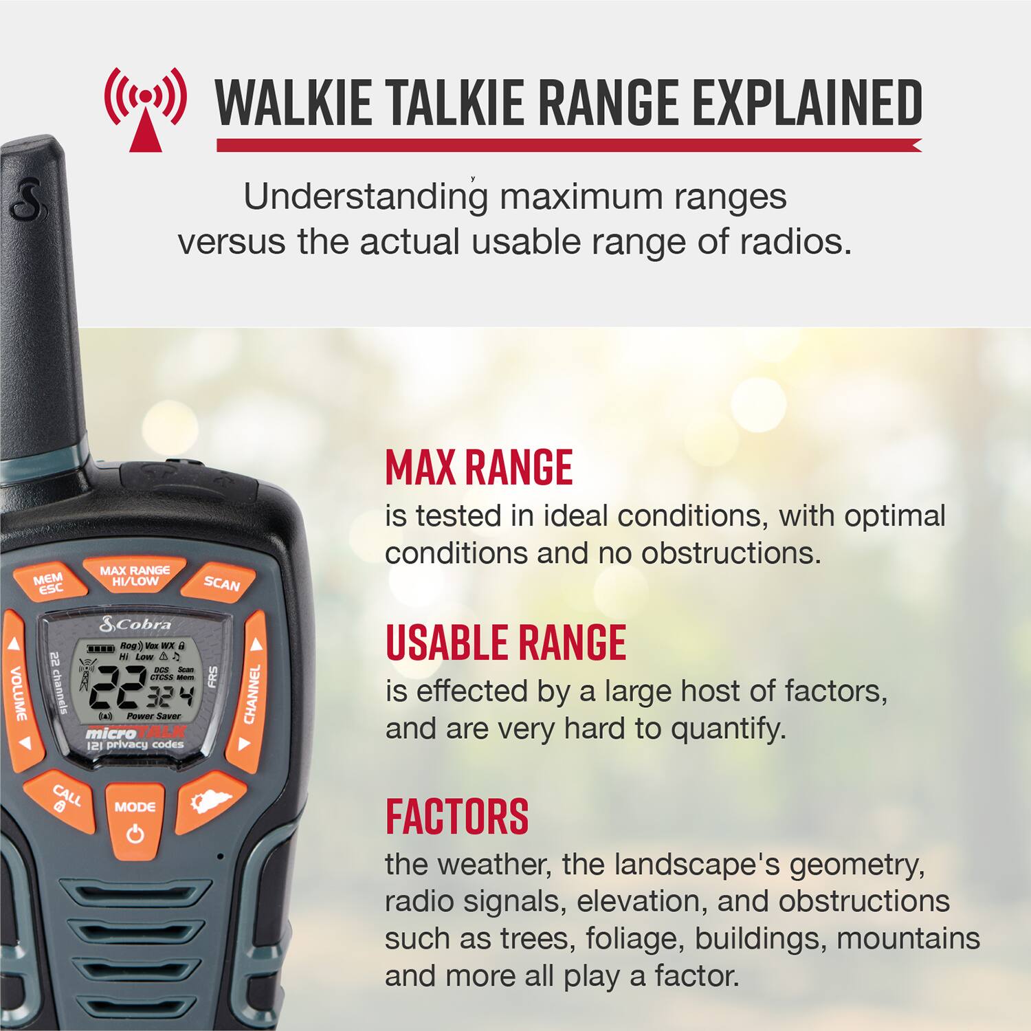 Walkie Talkie Range Explained: Understanding Maximum Ranges versus the Actual Usable Range of Radios

Maximum Range:
- Max range is tested in ideal conditions, with optimal conditions and no obstructions.
- Cobra ... Meg Hee WT + 22 N Low 2 - -oa arEss I channels Dal Fewer Saver micro TALK 12 privacy codes FRS CHANNEL

Usable Range:
- Usable range is affected by a large host of factors, and are very hard to quantify.
- Factors include the weather, the landscape's geometry, radio signals, elevation, and obstructions such as trees, foliage, buildings, mountains and more.