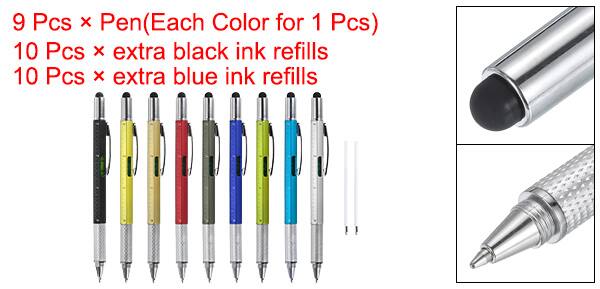 9 Pcs x Pen (Each Color for 1 Pcs)  
10 Pcs x extra black ink refills  
10 Pcs x extra blue ink refills