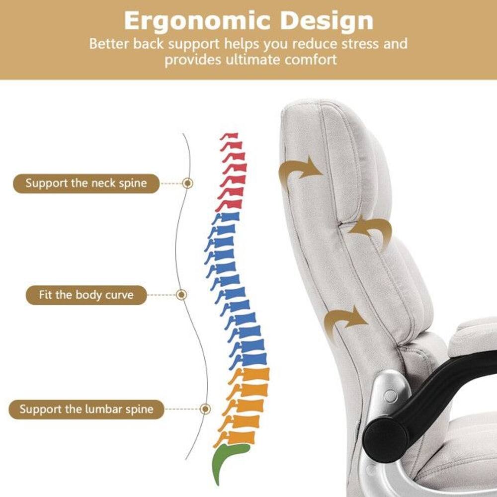 Ergonomic Design  
Better back support helps you reduce stress and provides ultimate comfort  
Support the neck spine  
Fit the body curve  
Support the lumbar spine
