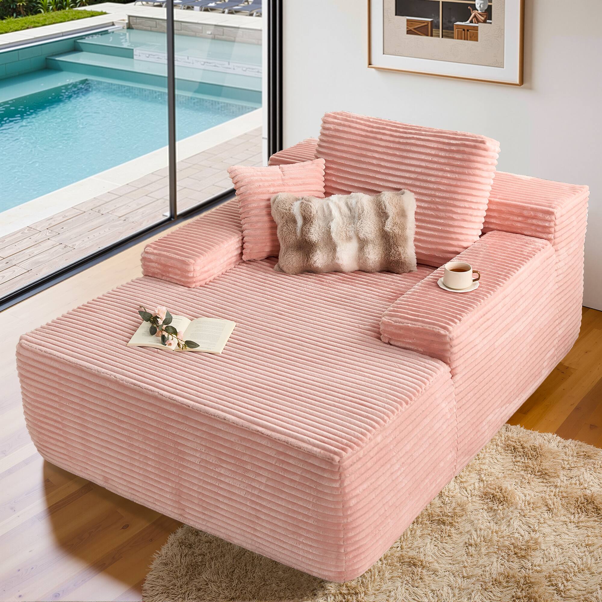 Ovios - 67'' Fluffy Chaise Lounge Chair, Upholstered Sofa Bed, Sleeper Couch for Living Room - Pink(Plush Corduroy)