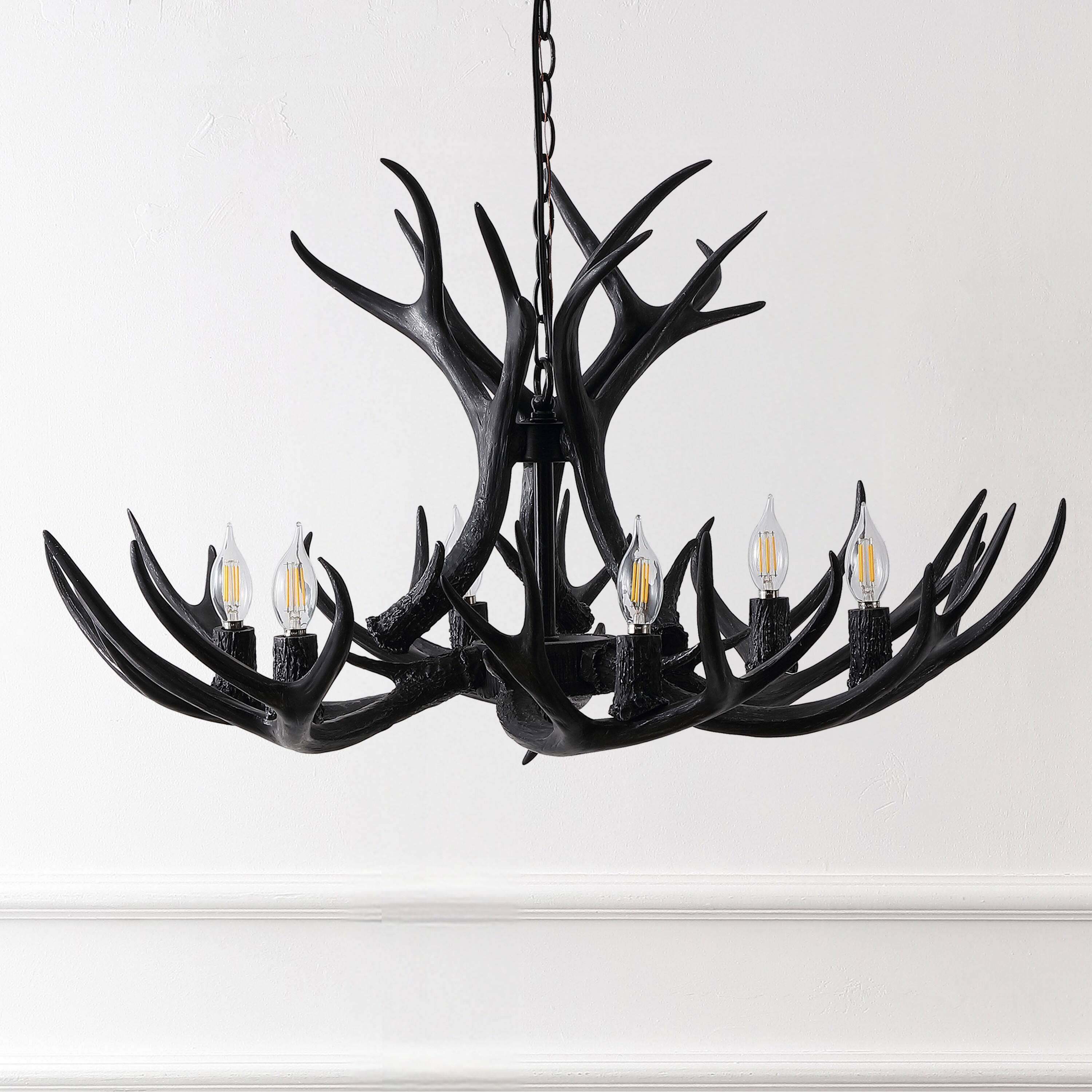 Alt View 5. Jonathan Y - Eldora 33" 6-Light Rustic Farmhouse Adjustable Resin Antler LED Chandelier, Black - Black.