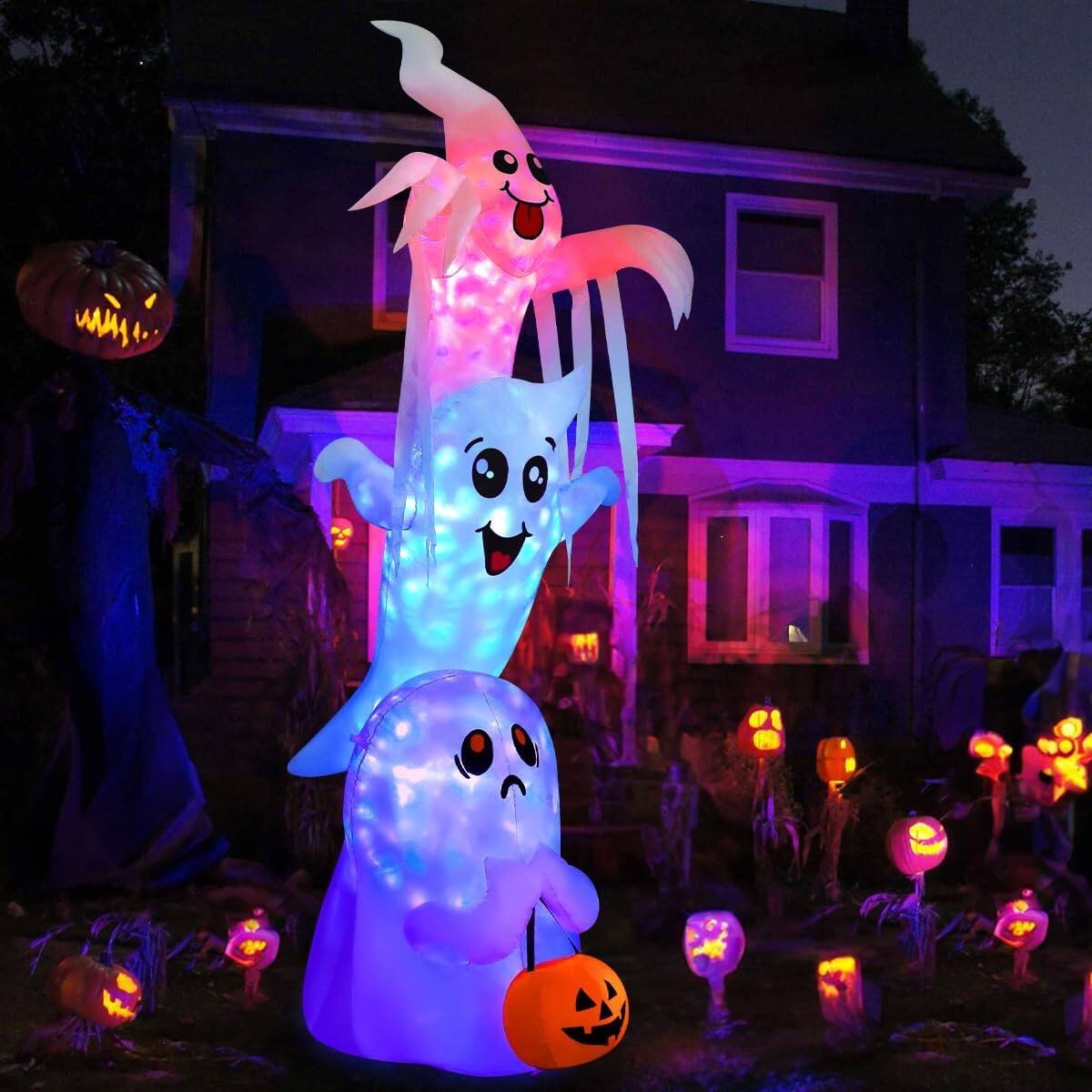 Angle. GOOSH Inflatables - GOOSH 9.8 FT High Halloween Inflatable Overlap Ghost with Built-in LEDs (Three Ghosts) - White.