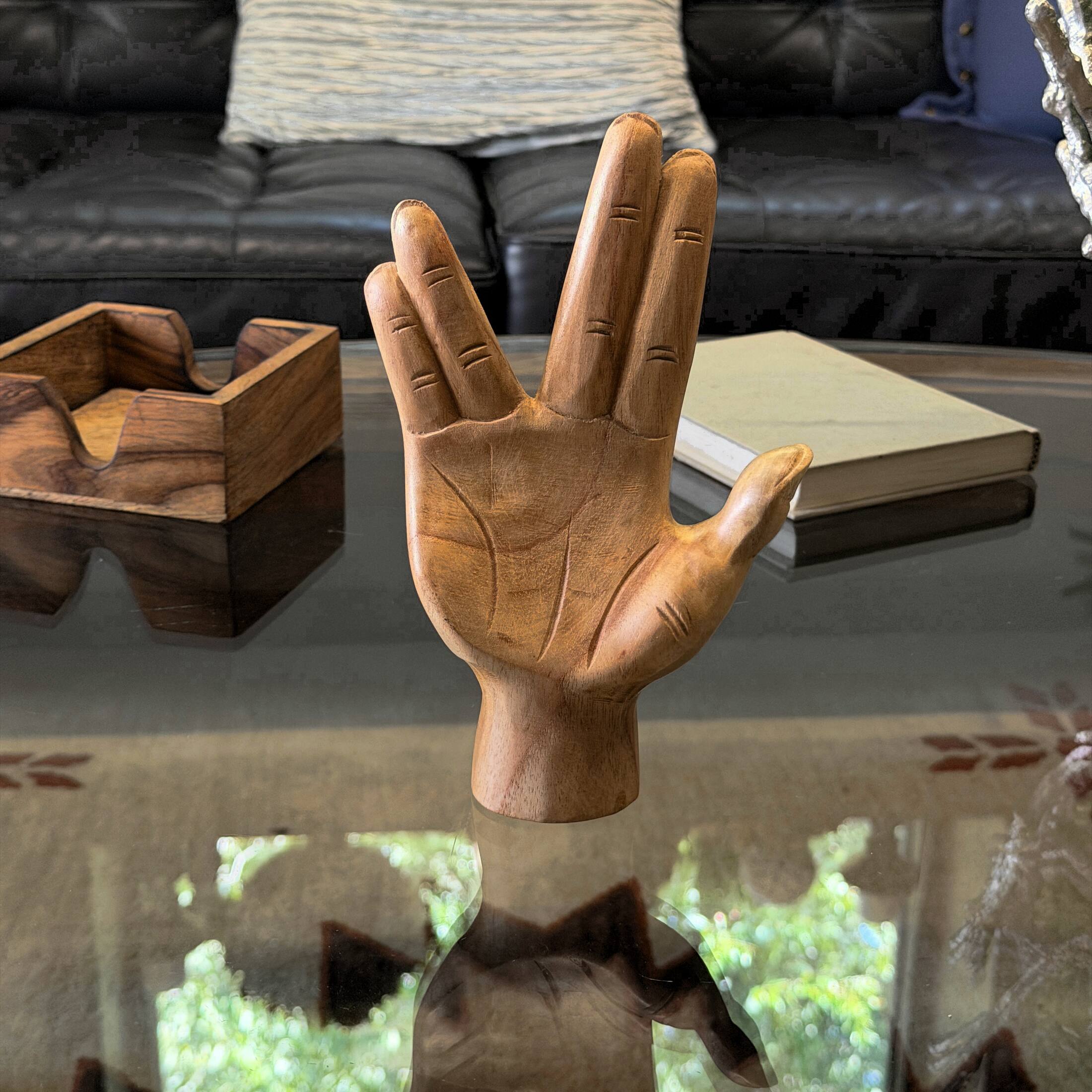 Alt View 7. Zeckos - Split-Finger Hand Sculpture Carved Natural Albesia Wood 7.75 Inch Tabletop - Natural.