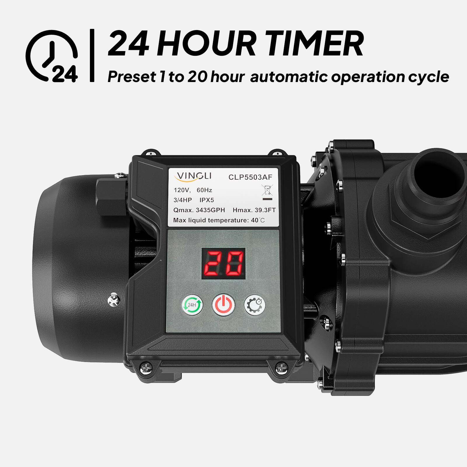 Winado 3/4HP Above Ground Pool Pump with 24 Hour Timer, 3435 GPH Flow ...