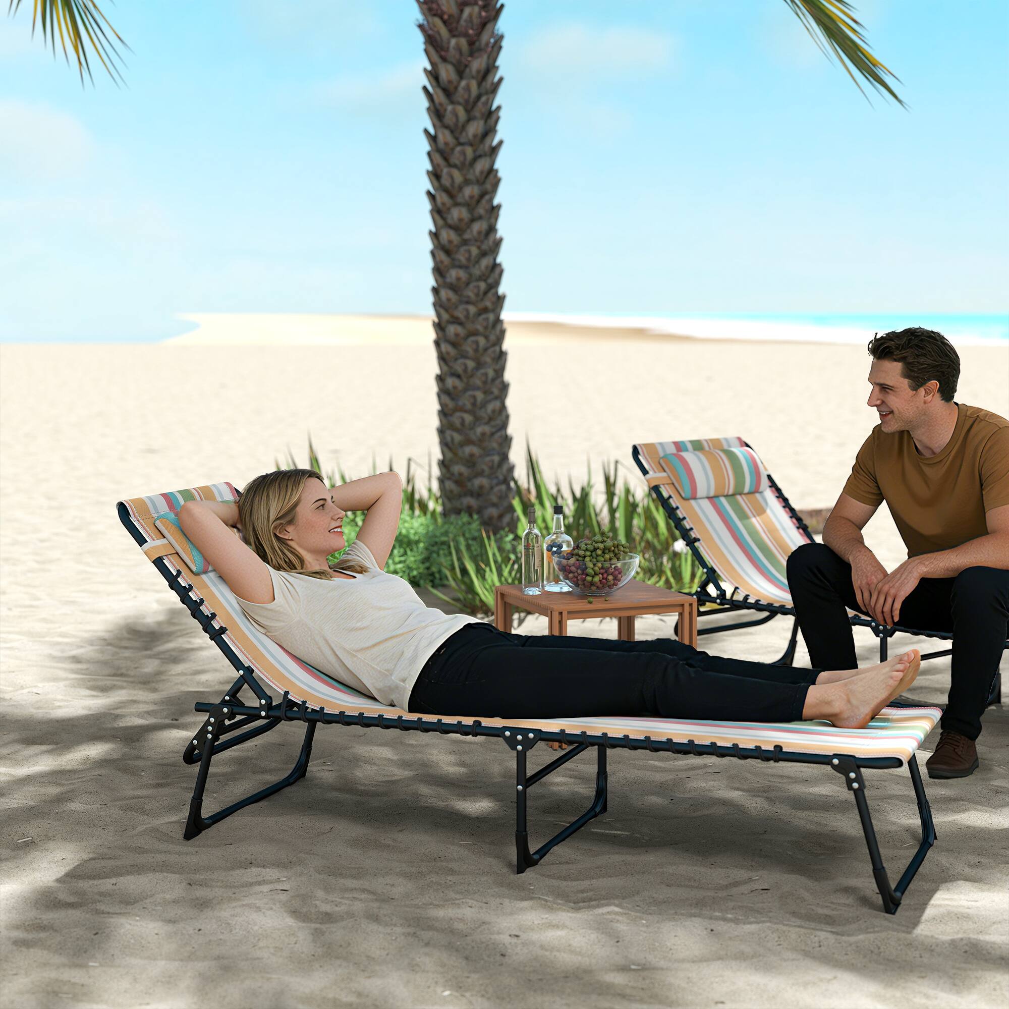 Alt View 1. Outsunny - Chaise Lounge Pool Chair with 4-Position Reclining Back, Pillow, Breathable Mesh & Bungee Seat - Colored.