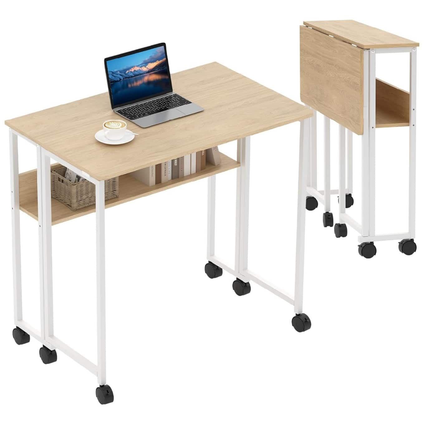 GARVEE - Space-Saving Folding Desk with Storage Shelf and Wheels - 31.5" Mobile Computer Table - Oak