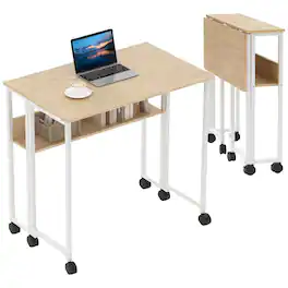 GARVEE - Space-Saving Folding Desk with Storage Shelf and Wheels - 31.5" Mobile Computer Table - Oak