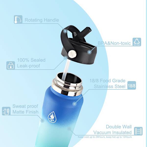 Rotating Handle  
BPA & Non-toxic  
100% Sealed Leak-proof  
18/8 Food Grade Stainless Steel  
Sweat Proof Matte Finish  
Double Wall Vacuum Insulated  
Keep cold up to 24 hours, keep hot up to 12 hours