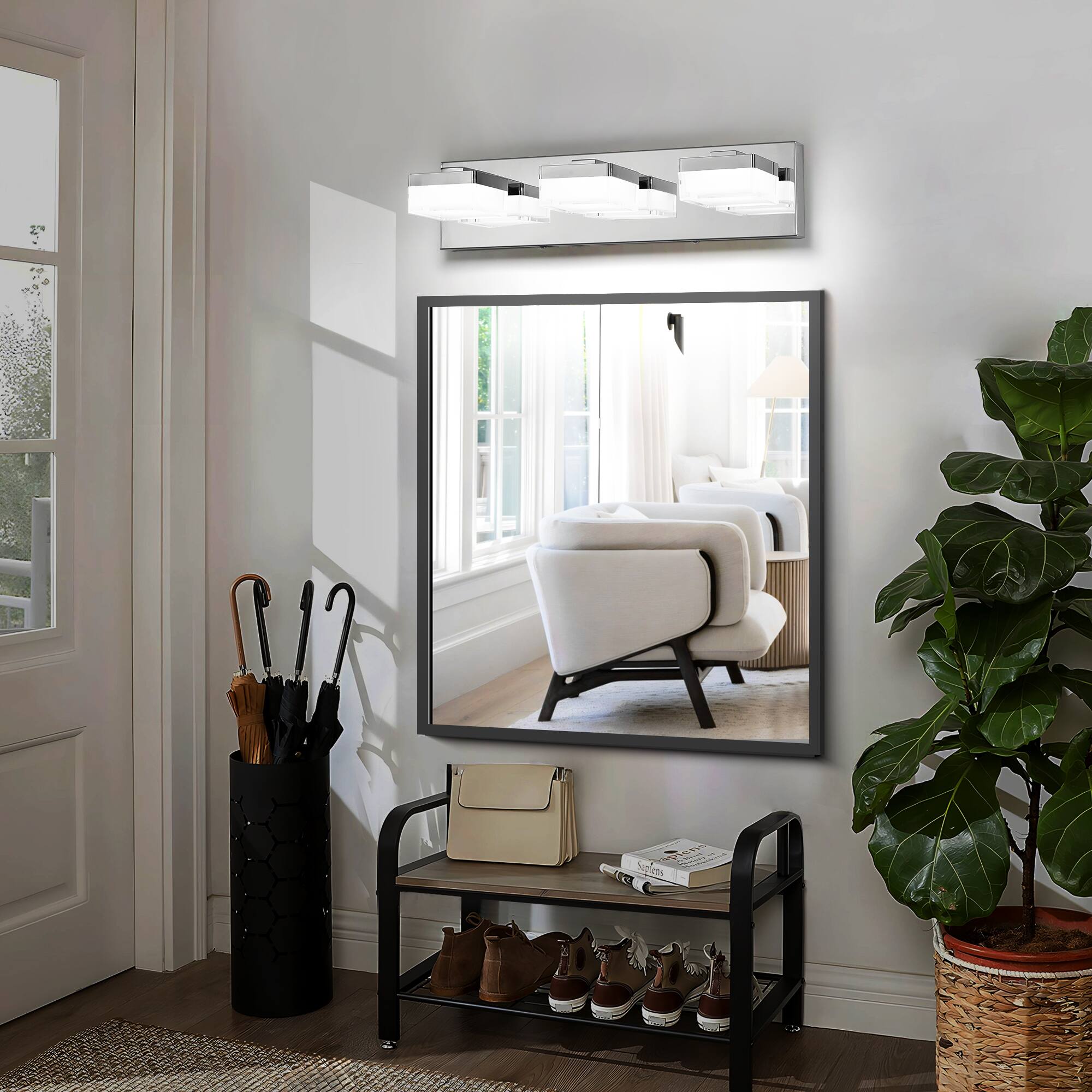 Back. HOMLUX - 18.11 in.  3 Lights Chrome LED Vanity Light Bar with Acrylic Shade.