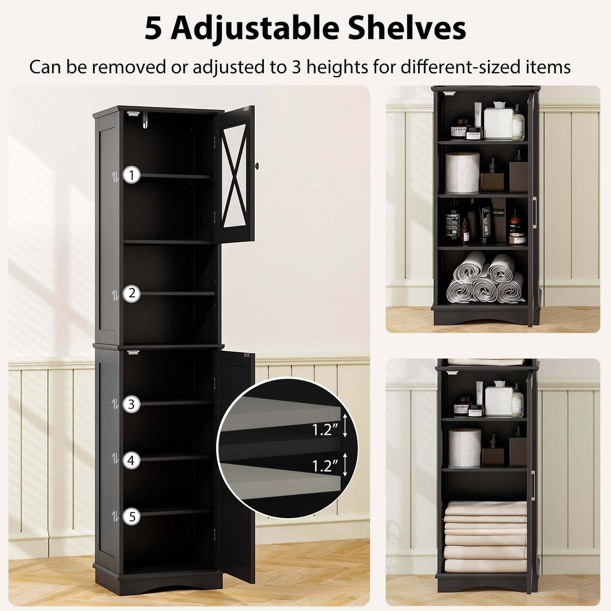 5 Adjustable Shelves: Can be removed or adjusted to 3 heights for different-sized items. 1 1 2 1k 3 1.2" 1k 4 1.2" 1 5