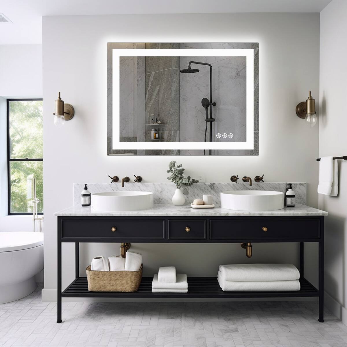 Back. AENKYO - 36"x48" LED Bathroom Mirror Smart Anti-Fog Dimmable Wall Mirror with Memory Function - White.