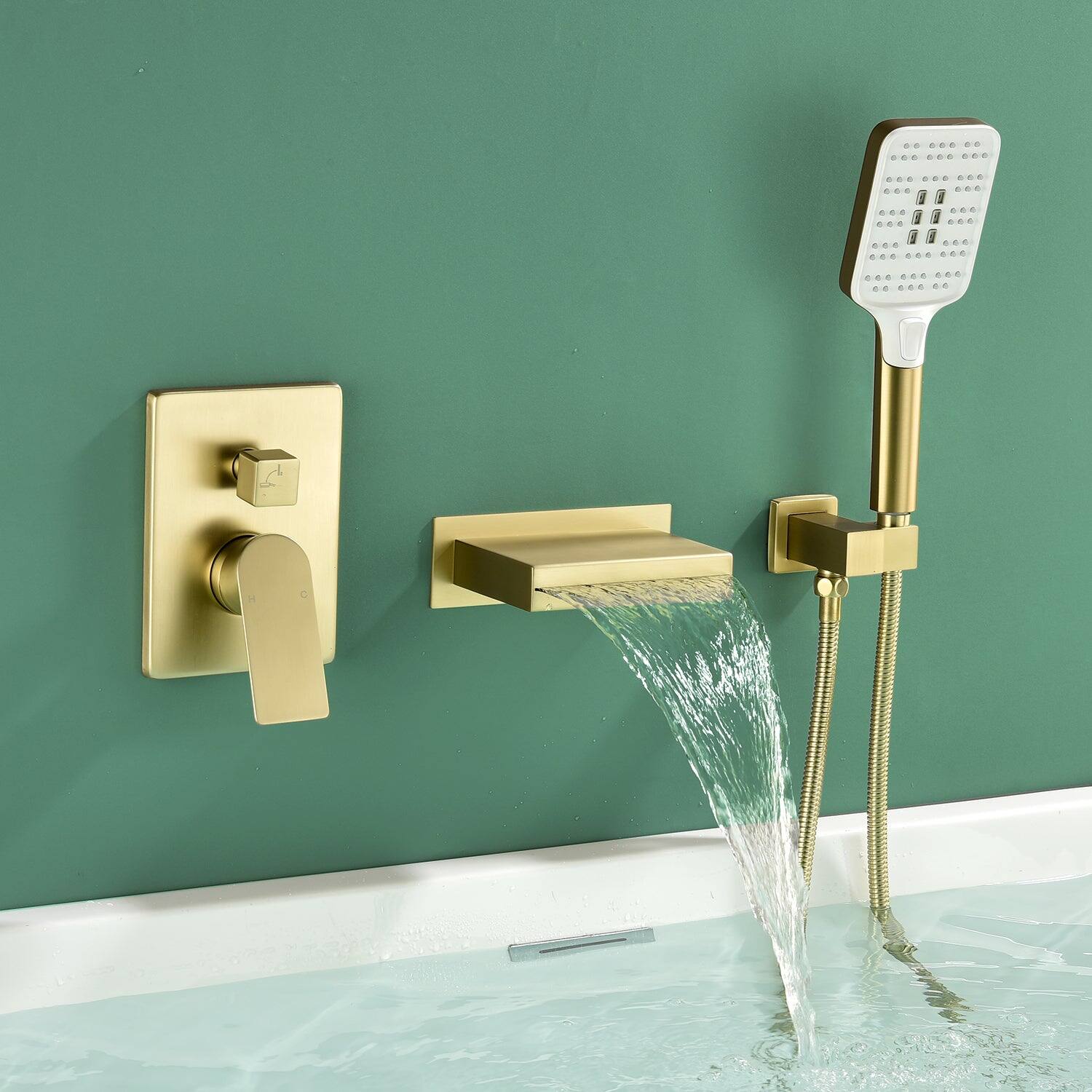 Alt View 3. Boyel Living - Brushed Gold Bathtub Faucet 2-Function Brass Pressure Balance Valve 3-Function Hand Shower 1.5m SUS304 Hose - Brushed Gold.