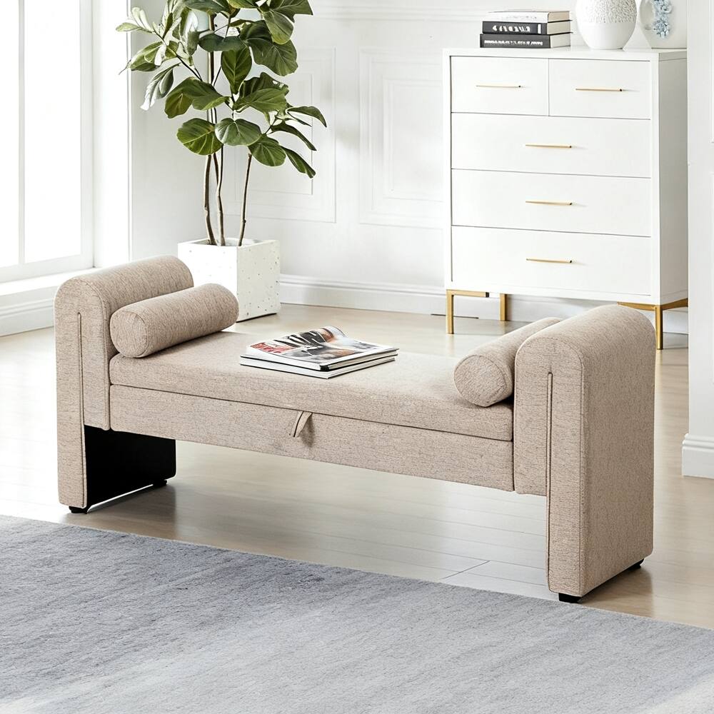 Back. Ropilly - Ropilly 60-Inch Velvet Storage Bench Extra Long Entryway Seat Oatmeal - Oatmeal.