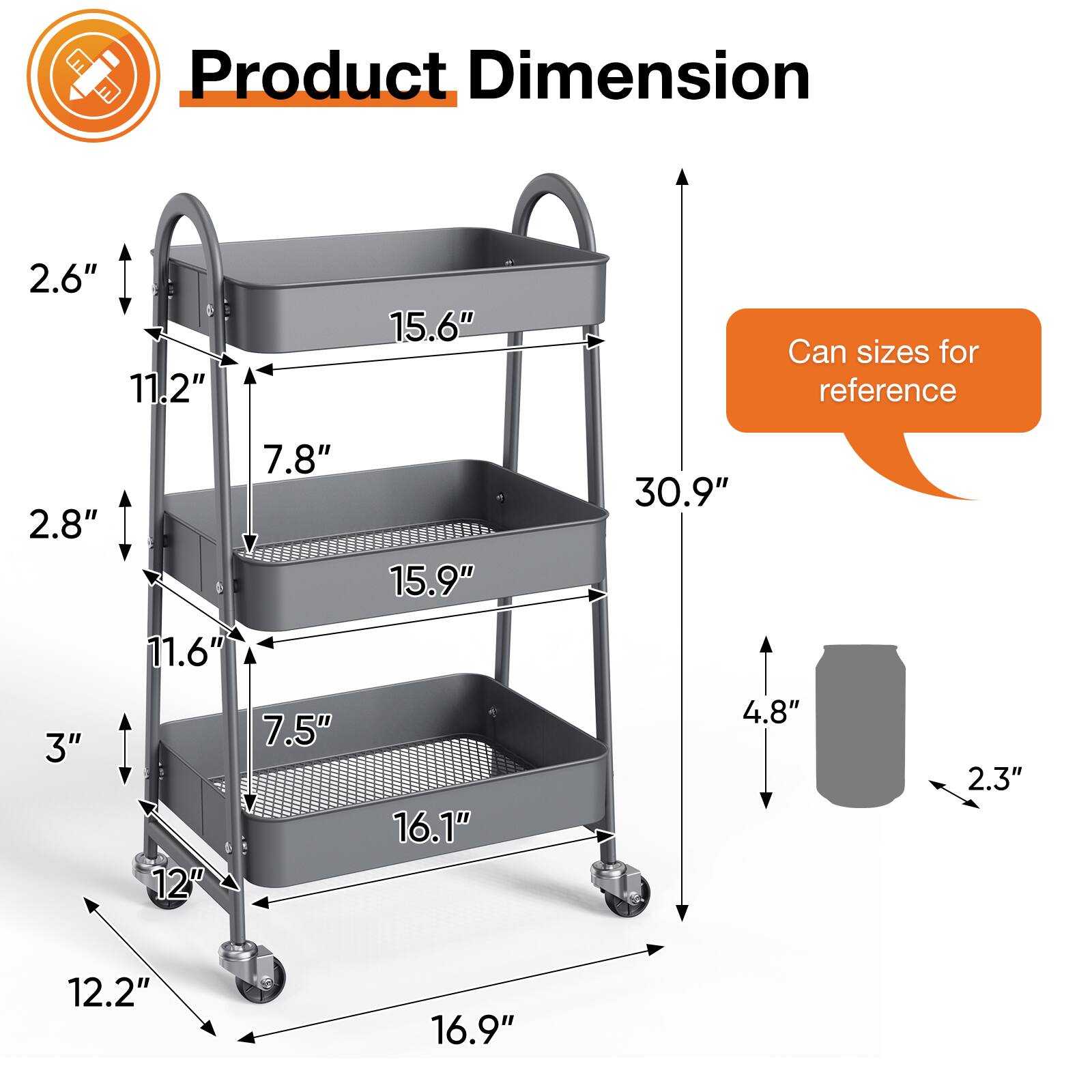 Product Dimension: 2.6" x 11.2" x 15.6"  
Can sizes for reference: 2.8" x 7.8" x 15.9" x 30.9" x 11.6" x 3" x 12" x 7.5" x 16.1" x 4.8" x 2.3" x 12.2" x 16.9"