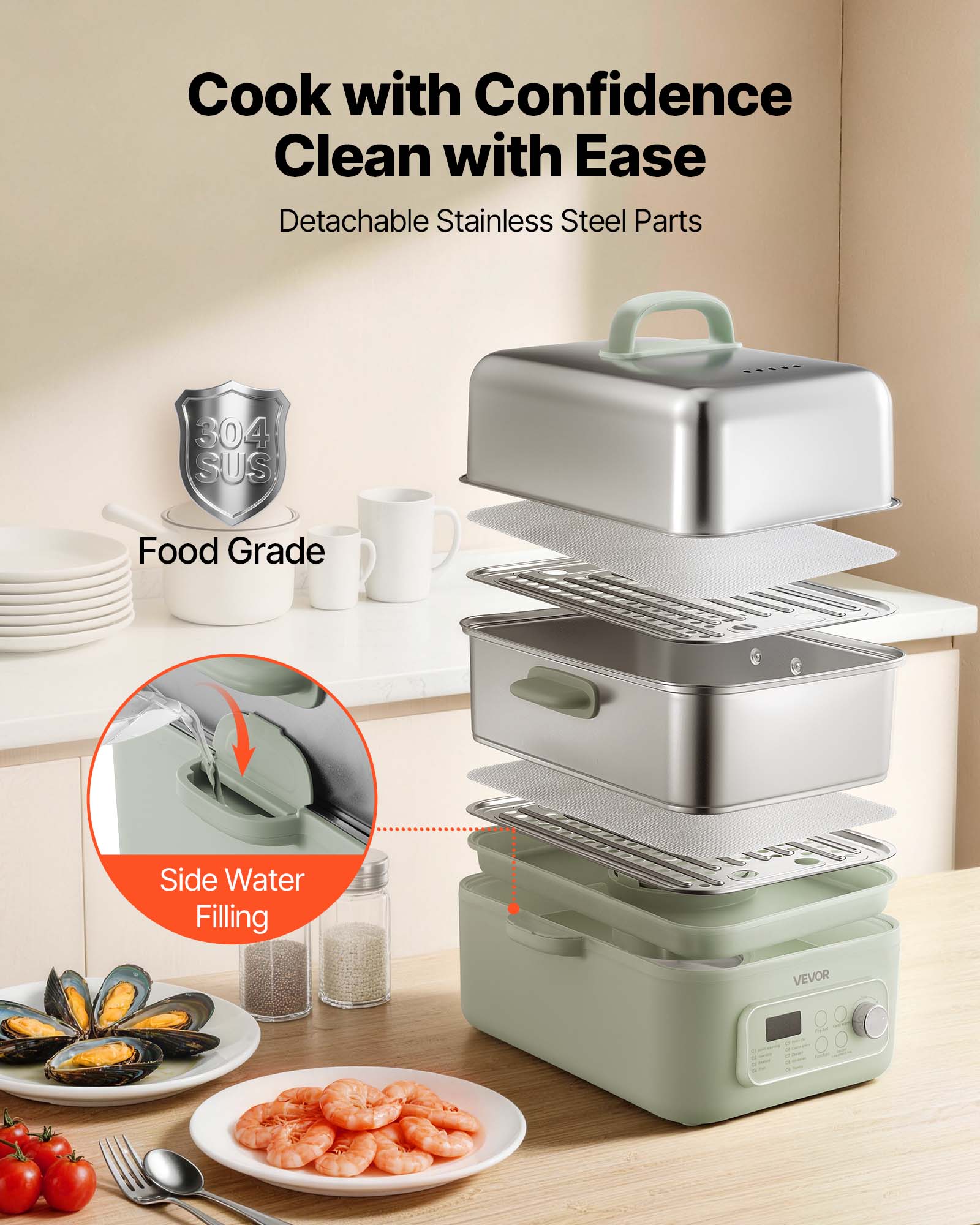 Cook with Confidence  
Clean with Ease  
Detachable Stainless Steel Parts  

304 SUS  
Food Grade  

Side Water Filling  

VEVOR