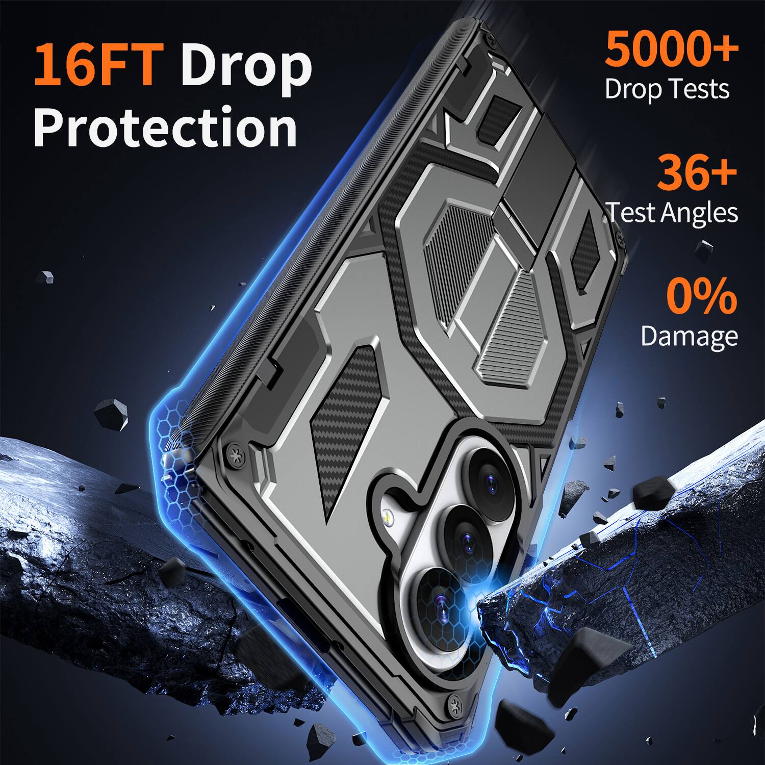 16FT Drop Protection  
5000+ Drop Tests  
36+ Test Angles  
0% Damage