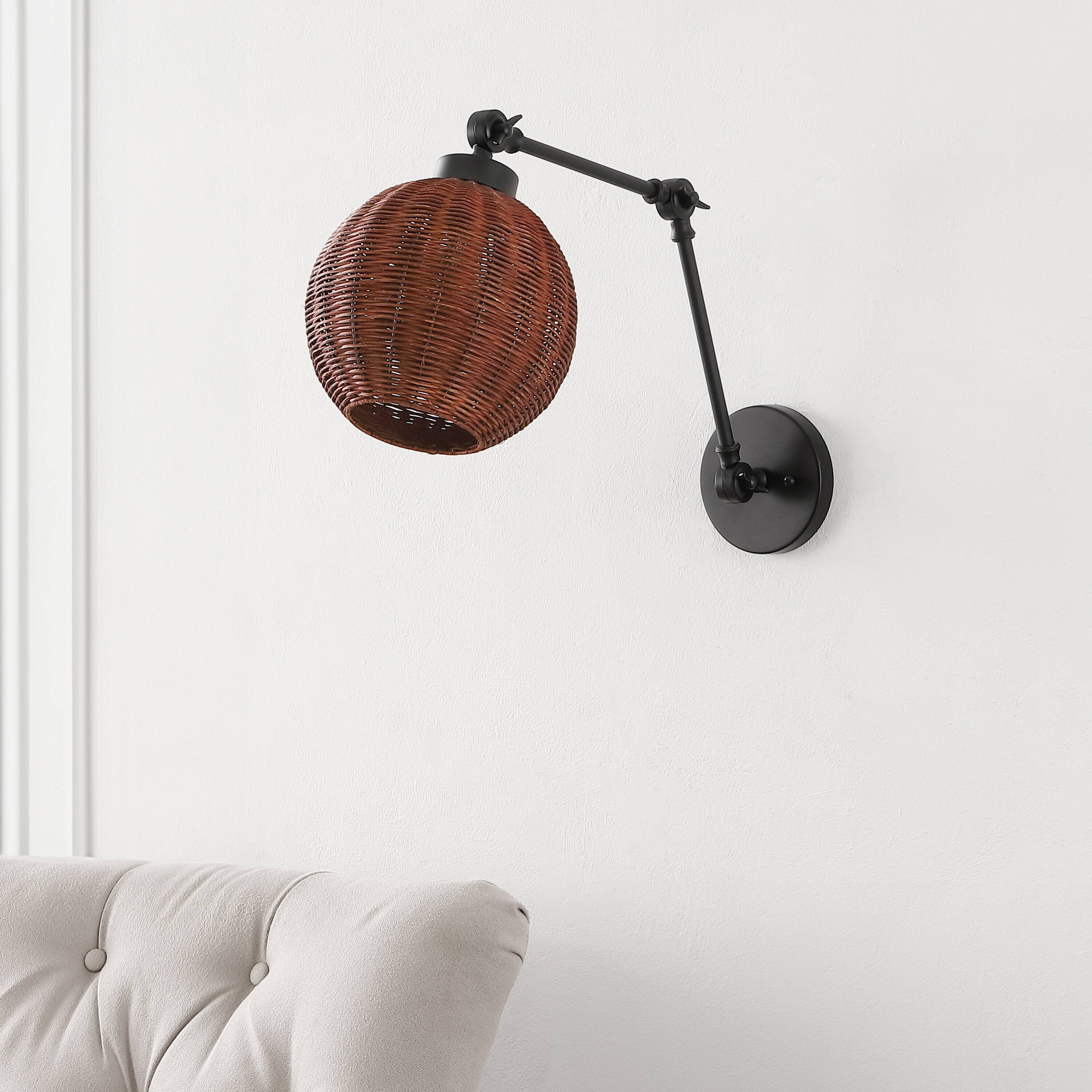 Alt View 6. Jonathan Y - Lyla 22" 1-Light Mid-Century Vintage Rattan Globe Swing Arm LED Sconce, Dark Brown/Black - Black/Dark brown.