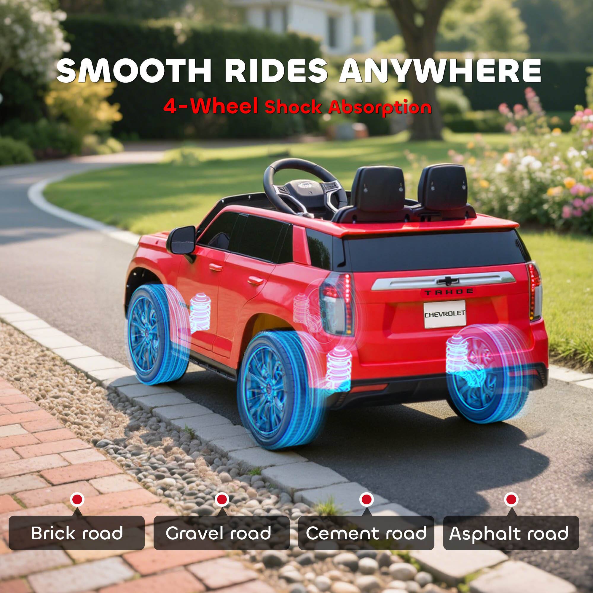 SMOOTH RIDES ANYWHERE  
4-Wheel Shock Absorption  

Brick road  
Gravel road  
Cement road  
Asphalt road