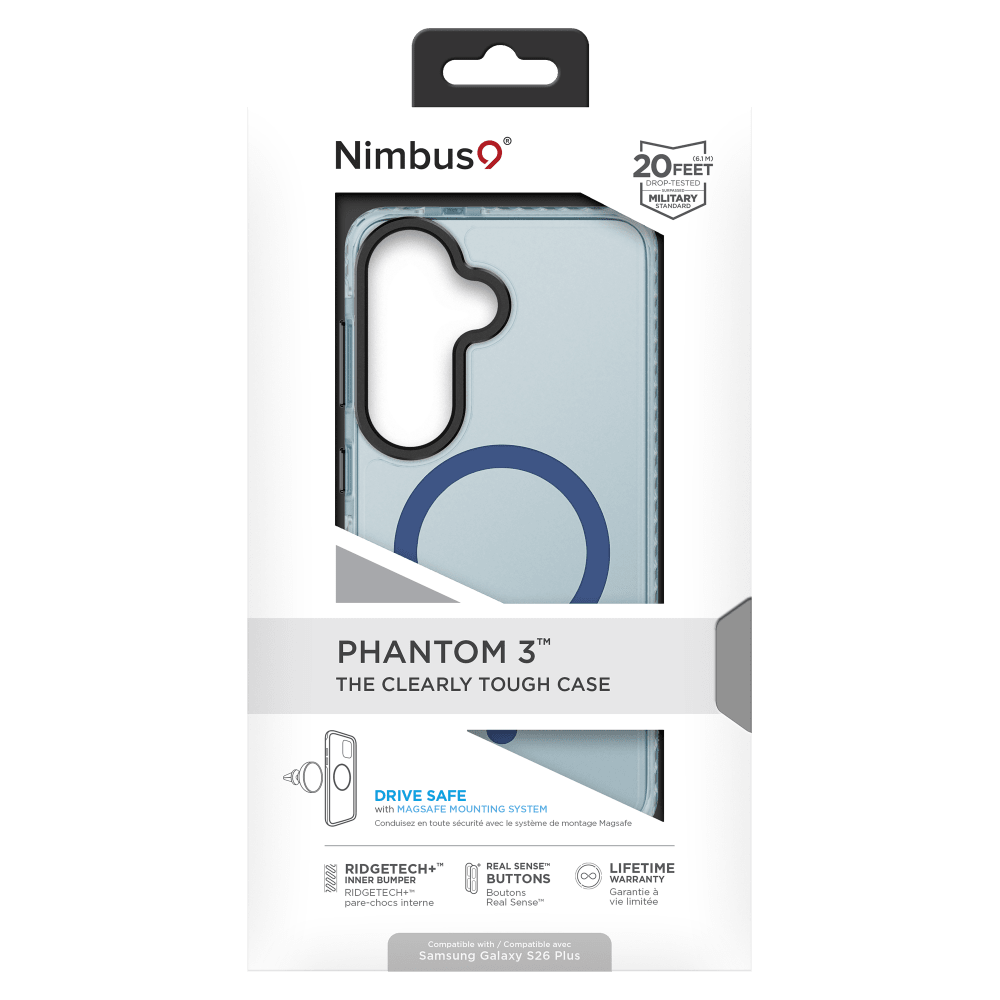Nimbus  
(LIPO 20 FEET DROP-TESTED LINE MILITARY STANDARD  
PHANTOM 3™ THE CLEARLY TOUGH CASE  
DRIVE SAFE with MAGSAFE MOUNTING SYSTEM  
Conduisez en toute sécurité avec le système de montage MagSafe  
RIDGETECH+ REAL SENSE INNER BUMPER BUTTONS  
RIDGETECH+ Boutons pare-chocs interne Real Sense  
LIFETIME WARRANTY Garantie à vie limitée  
Compatible with Samsung Galaxy S26 Plus