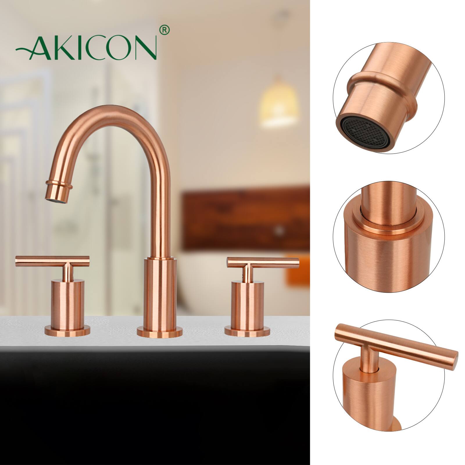 Alt View 2. Akicon - Akicon Solid Brass Double-Handle Widespread Kitchen Faucet in Copper - Copper.