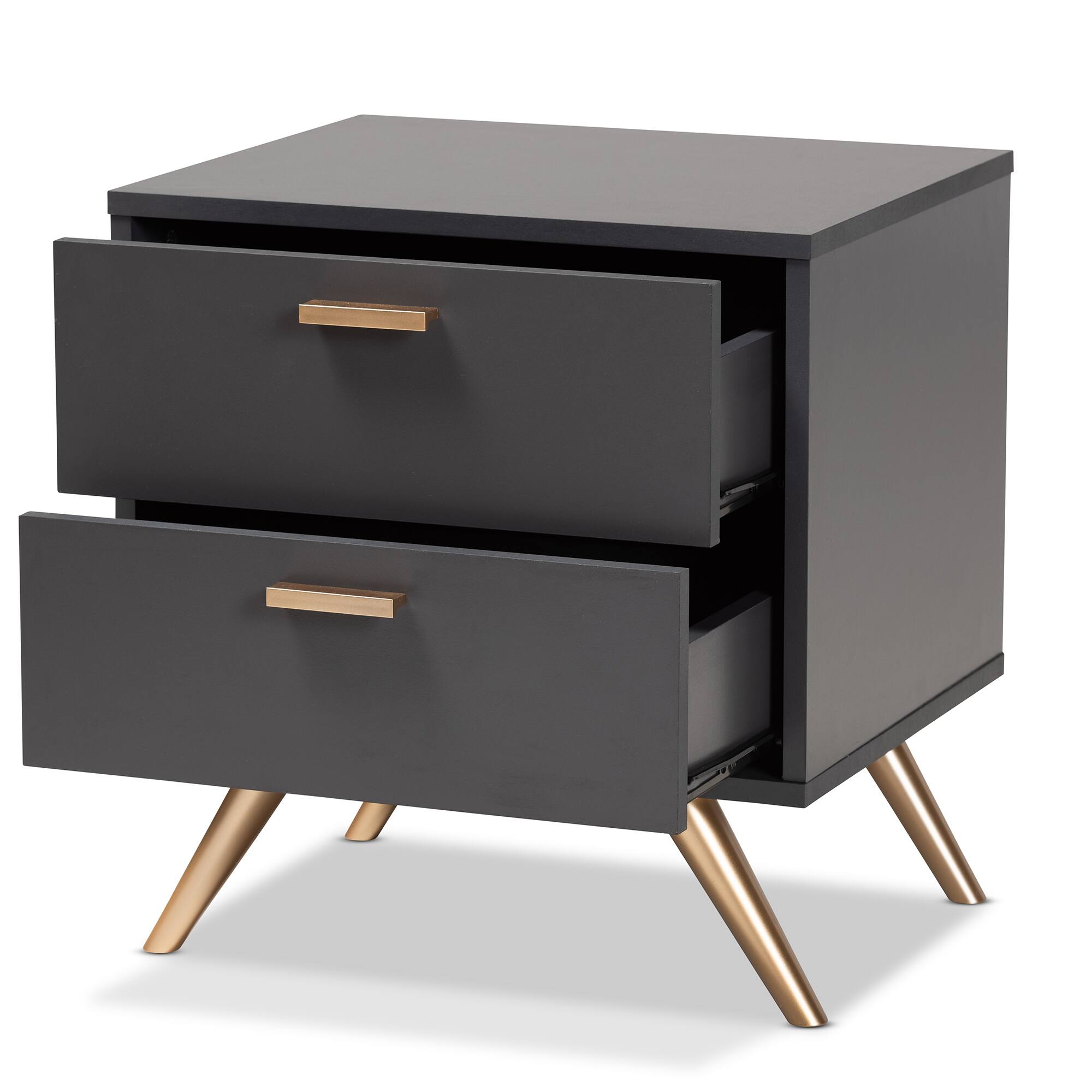 Angle. Baxton Studio - Kelson Modern and Contemporary Dark and Gold Finished Wood 2-Drawer Nightstand - Dark Grey/Gold.