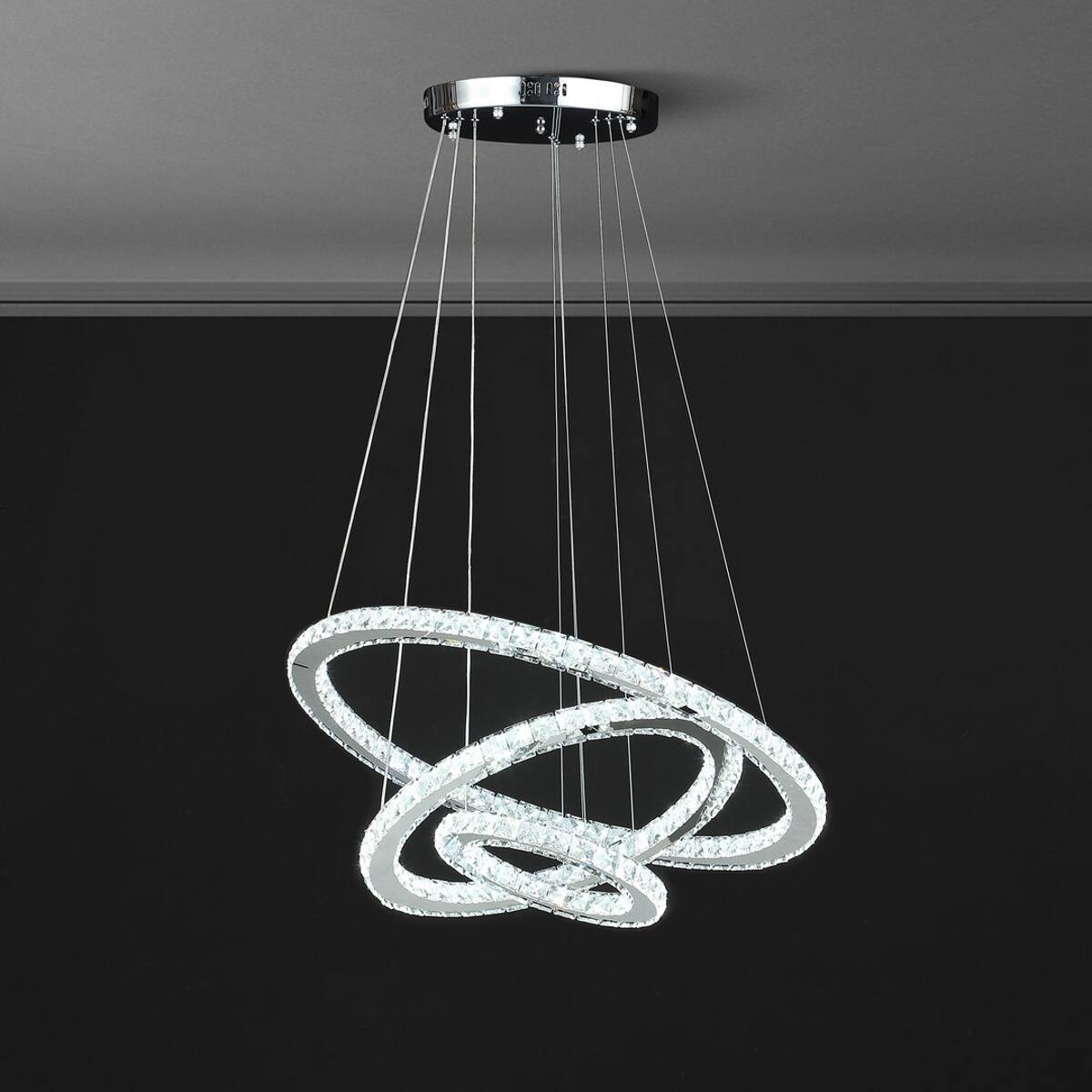 Back. Loheer - Loheer Adjustable Height Crystal Chandelier Integrated Dimmable LED Triple Ring Ceiling Light.