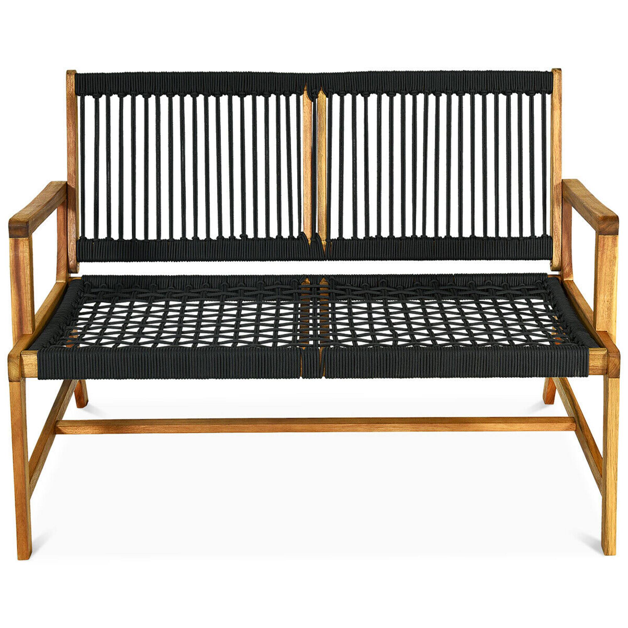 Alt View 4. Gymax - Gymax Wooden Rope Bench Loveseat Patio Garden Outdoor w/ Backrest & Armrest Black - as pic.