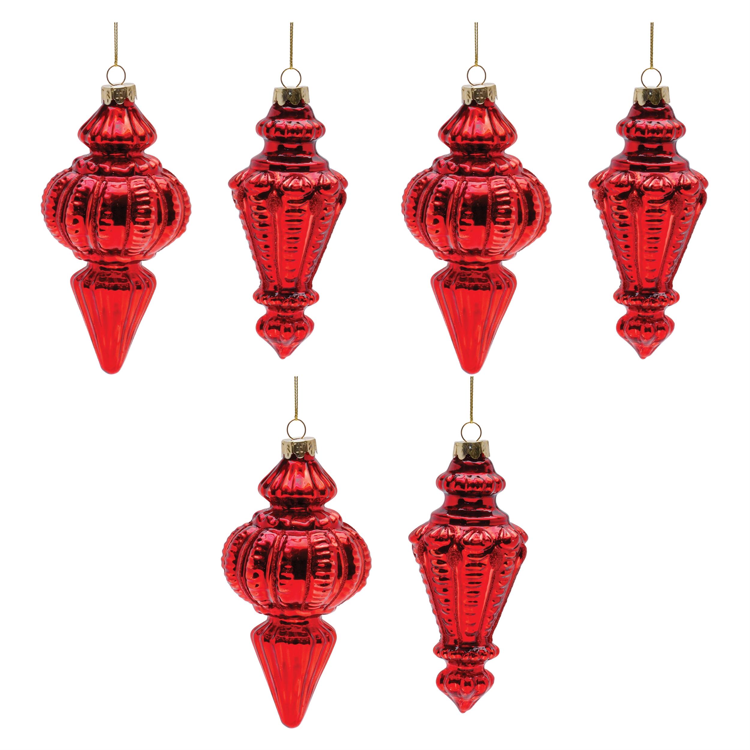 Left. BreeBe - Red Ribbed Glass Finial Ornament (Set of 6) - Red.