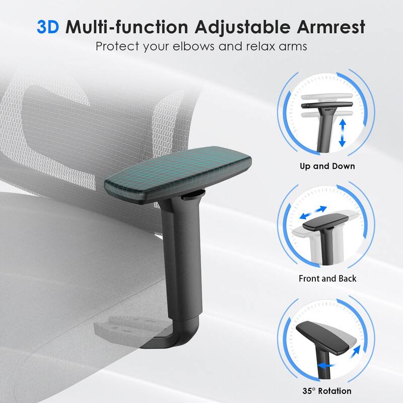 3D Multi-function Adjustable Armrest  
Protect your elbows and relax arms  

- Up and Down  
- Front and Back  
- 35° Rotation
