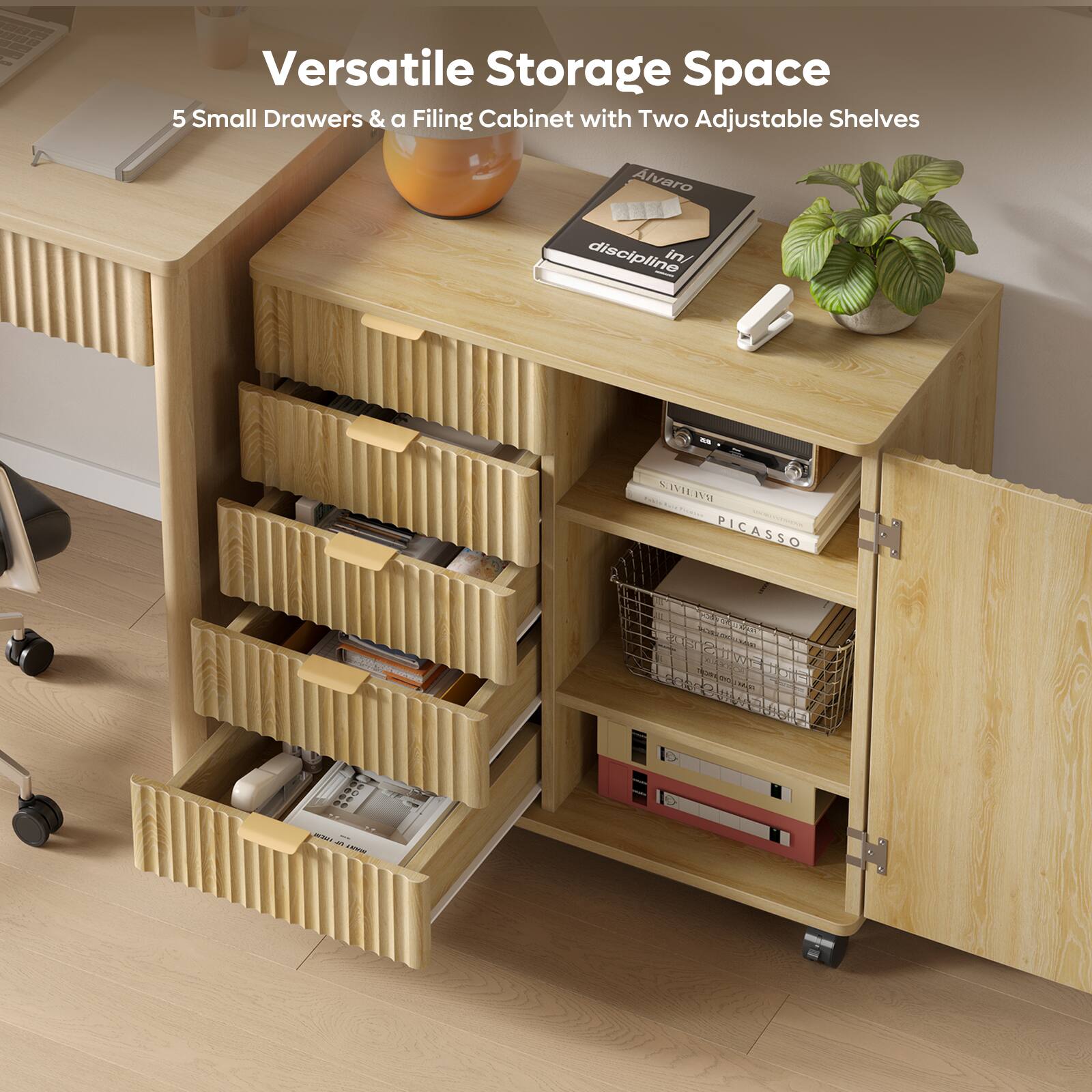 Versatile Storage Space  
5 Small Drawers & a Filing Cabinet with Two Adjustable Shelves