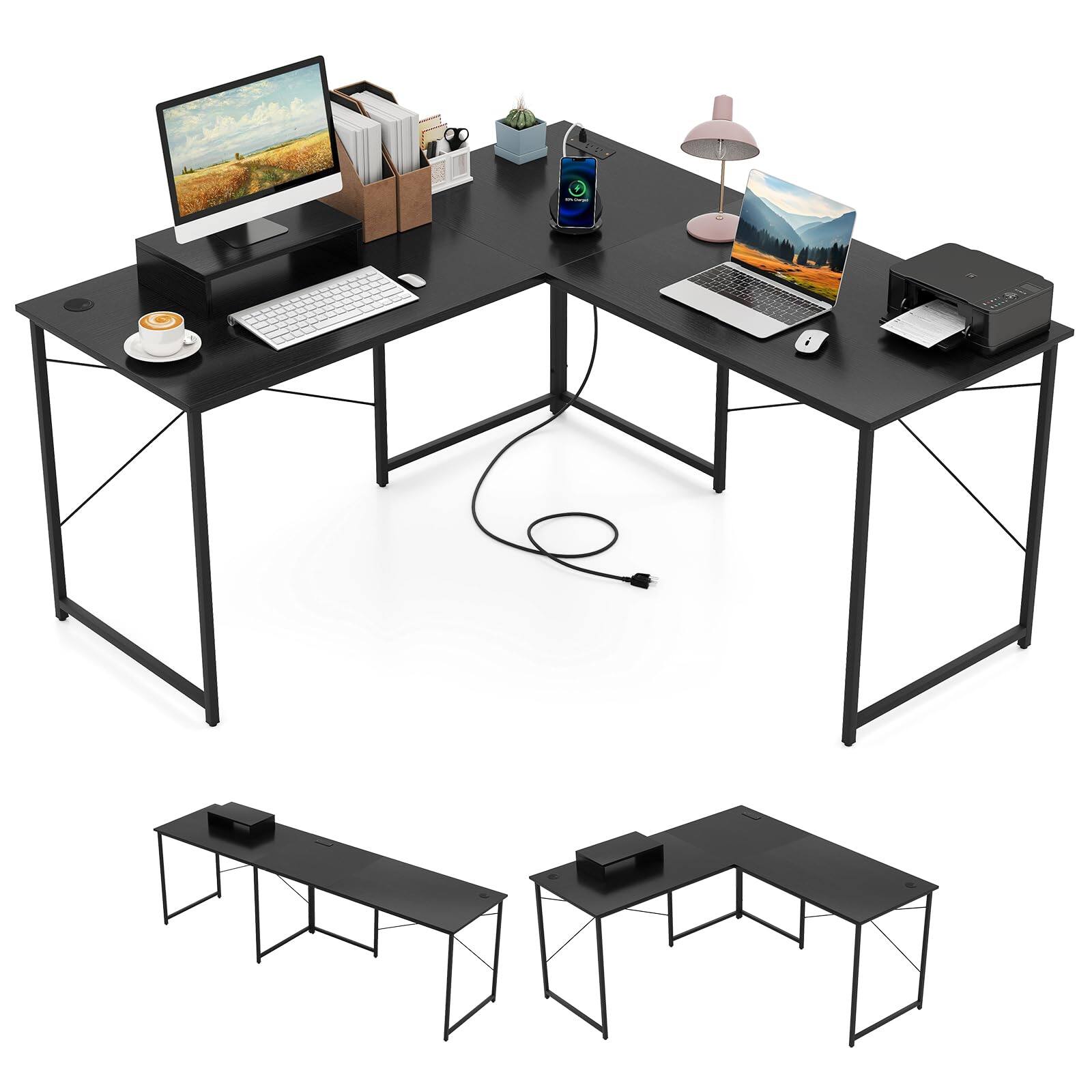 Front. Ecooso - 95" Reversible L-Shaped Desk for 2 People, Long Workstation with Monitor Stand - Black.