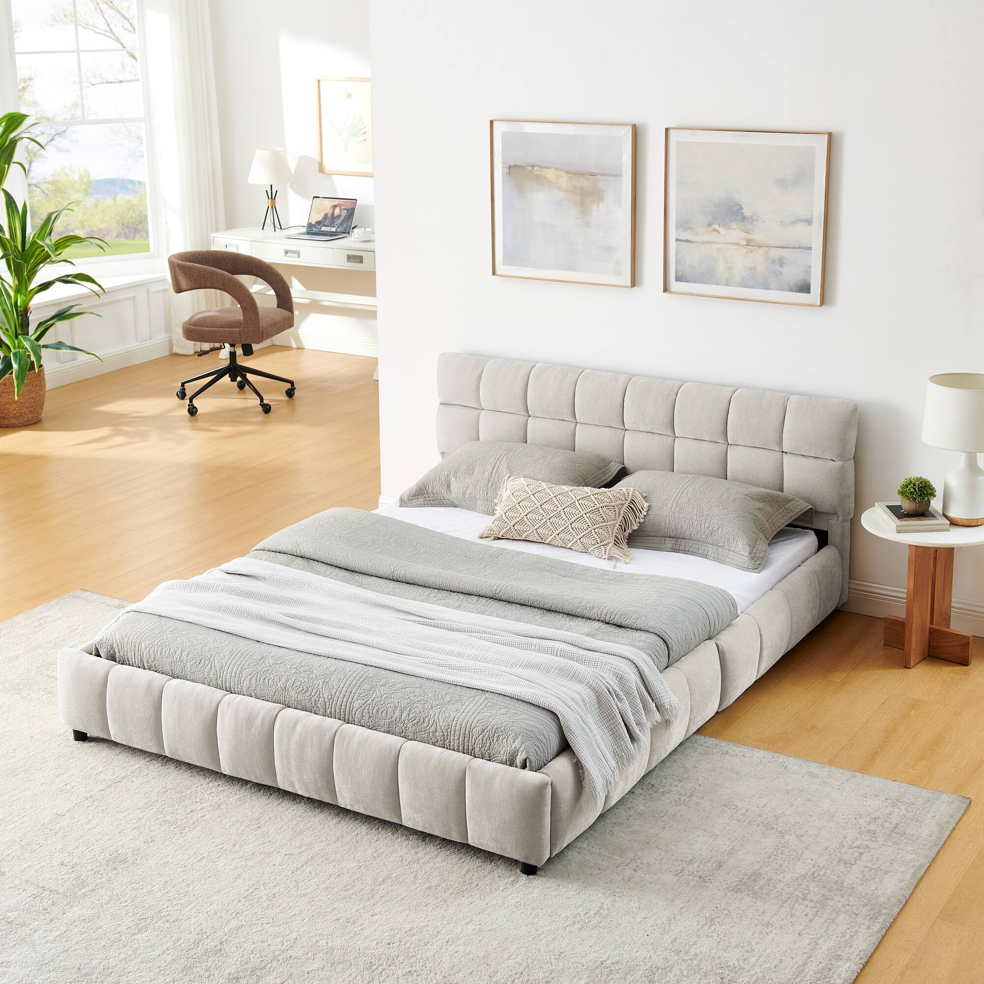 Left. LUCKY ONE - Queen Size Chenille Upholstered Bed Frame With Drawer - Beige.