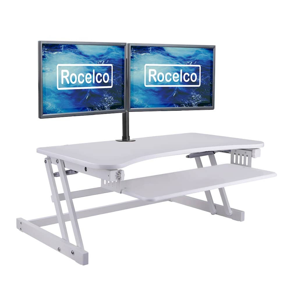 Rocelco - 37.5" Height Adjustable Standing Desk Converter with Dual Monitor Mount and Anti-Fatigue Mat - White