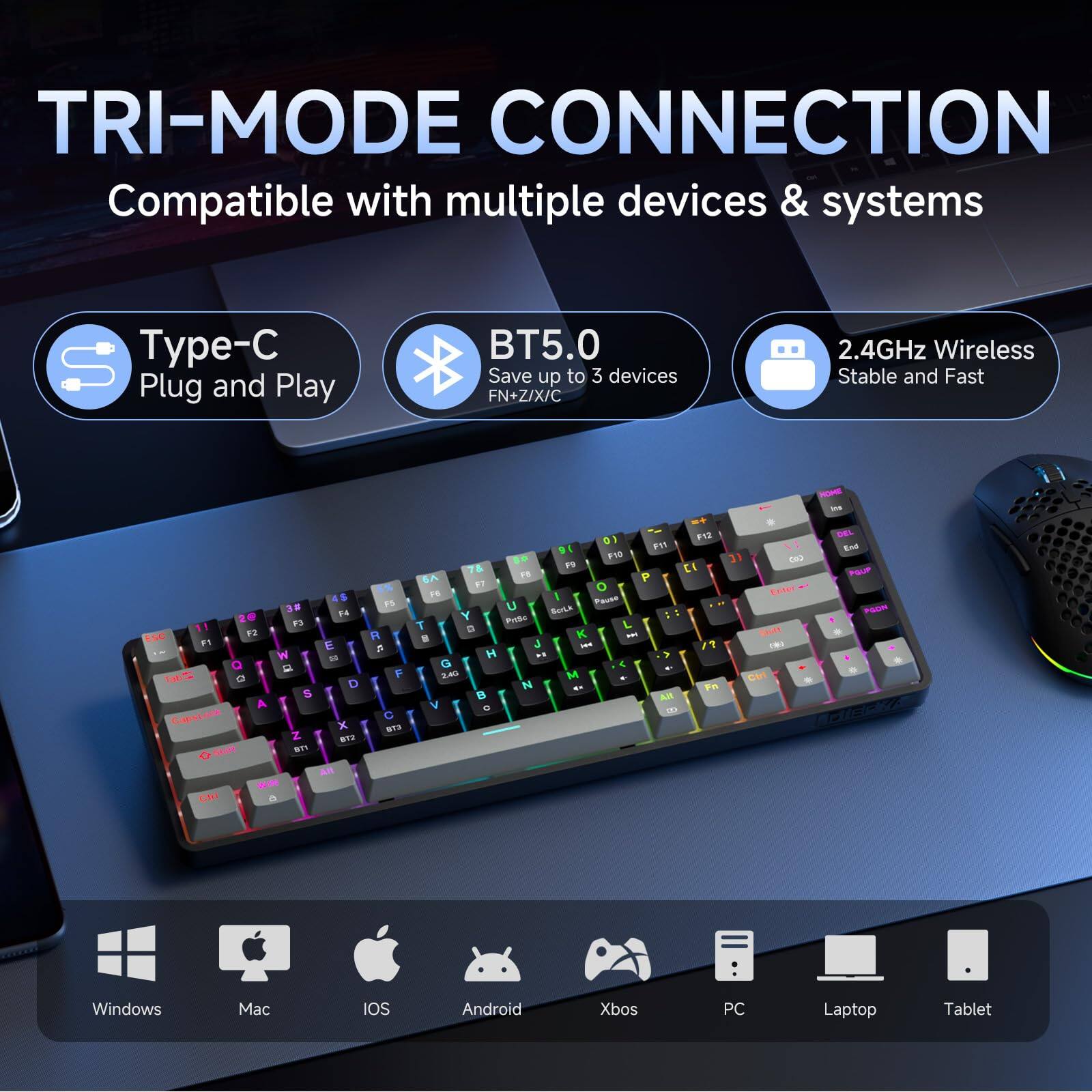 TRI-MODE CONNECTION  
Compatible with multiple devices & systems

Type-C  
Plug and Play

BT5.0  
Save up to 3 devices  
FN+Z/X/C

2.4GHz Wireless  
Stable and Fast

Windows  
Mac  
IOS  
Android  
Xbox  
PC  
Laptop  
Tablet
