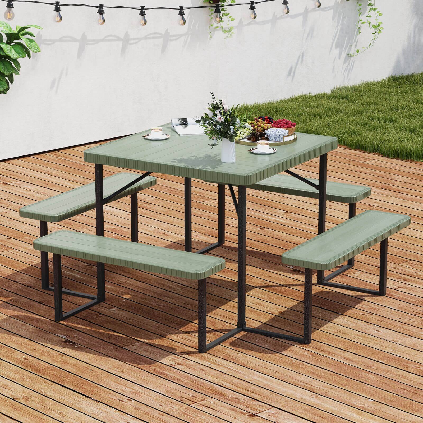 Alt View 1. Costway - Costway Picnic Table Bench Set for 4-8 People with Umbrella Hole All-Weather HDPE Tabletop - Green.