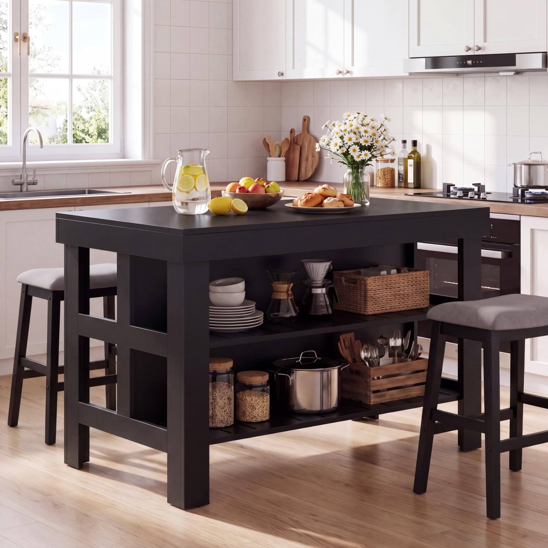Back. Tribesigns - 55.1-Inch Kitchen Island with Seating Space and 3-Tier Storage for Kitchen or Dining Room - Black.