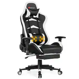 Costway - Racing Massage Gaming Chair with Footrest - White + Black