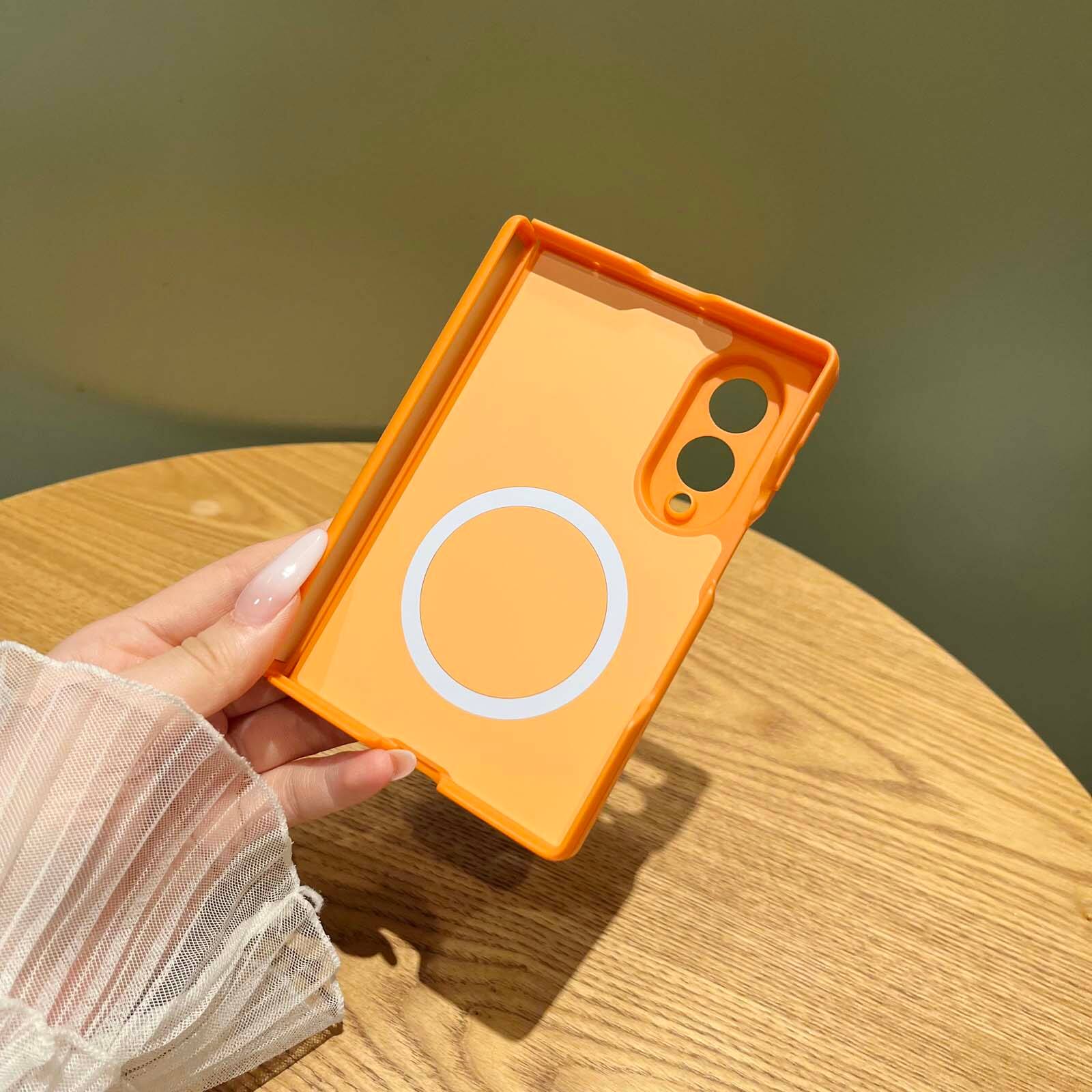 Angle. Dteck - Shockproof Magnetic Back Case for Samsung Galaxy Z Fold8, Slim Hybrid Cover with Hinge Guard, Raised Edge Screen Camera - Orange.